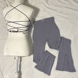 Baddieville lavender set yoga pants split hem and crop top w/ open lace up back
